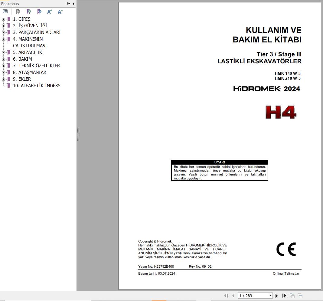Hidromek Wheel Excavator HMK140W 3 HMK210W 3 Operation Maintenance Manual H23732B400 TR (1)