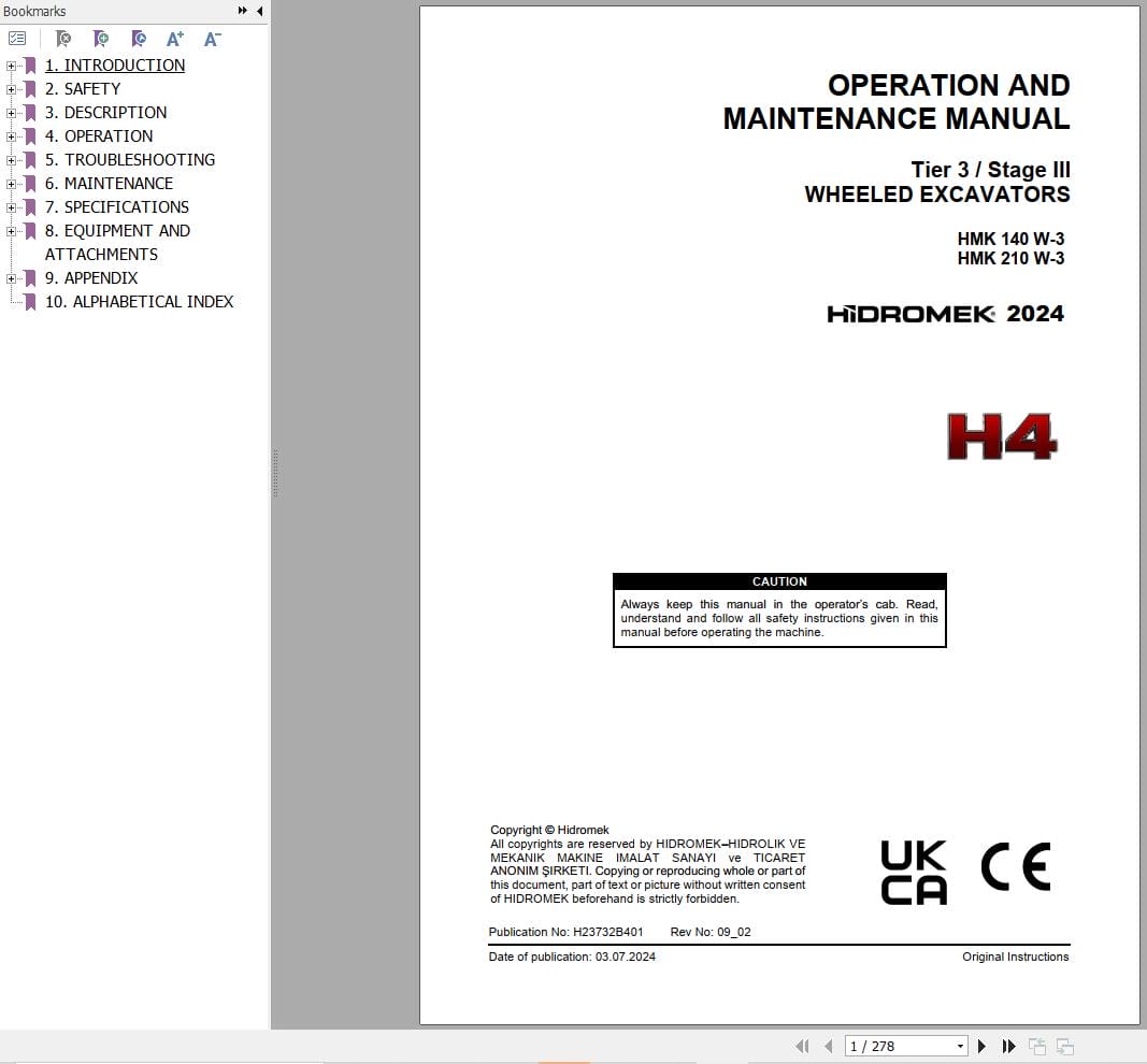 Hidromek Wheel Excavator HMK140W 3 HMK210W 3 Operation Maintenance Manual H23732B401 EN (1)
