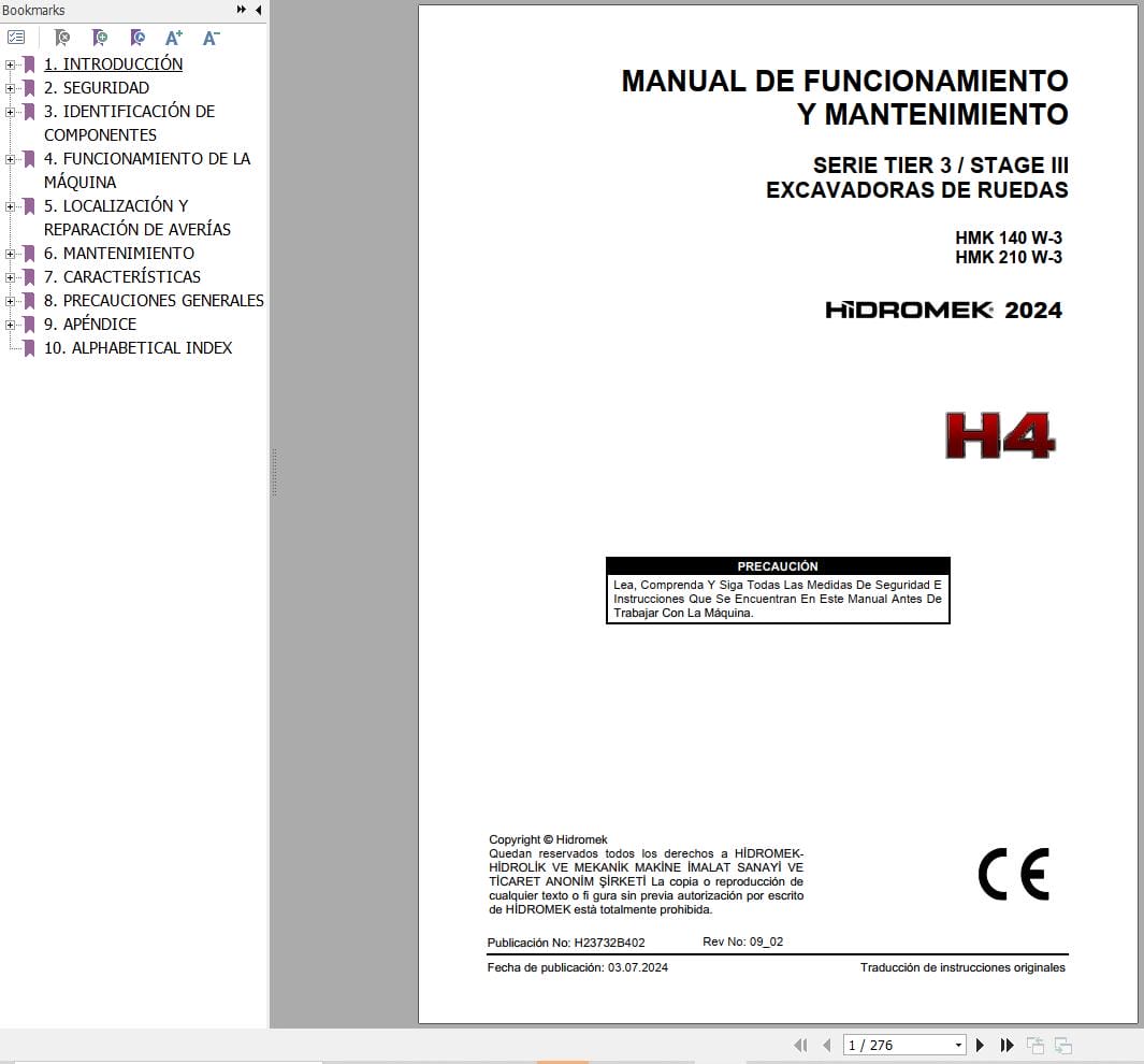 Hidromek Wheel Excavator HMK140W 3 HMK210W 3 Operation Maintenance Manual H23732B402 ES (1)