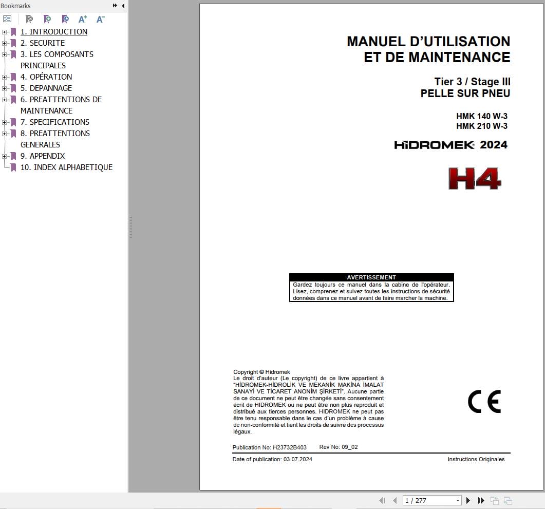 Hidromek Wheel Excavator HMK140W 3 HMK210W 3 Operation Maintenance Manual H23732B403 FR (1)
