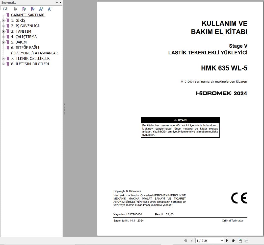 Hidromek Wheel Loader HMK 635 WL 5 Operation Maintenance Manual L217200400 TR (1)