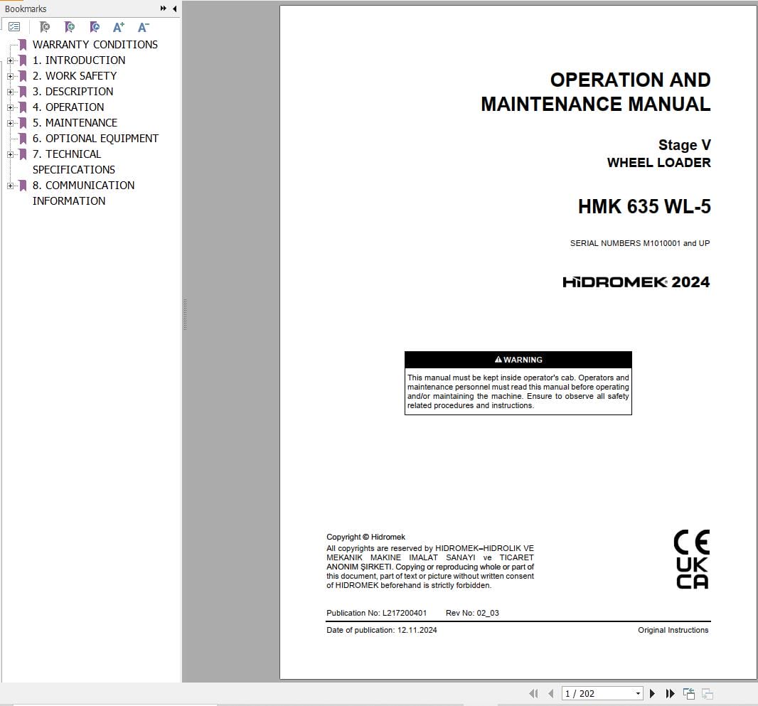 Hidromek Wheel Loader HMK 635 WL 5 Operation Maintenance Manual L217200401 EN (1)