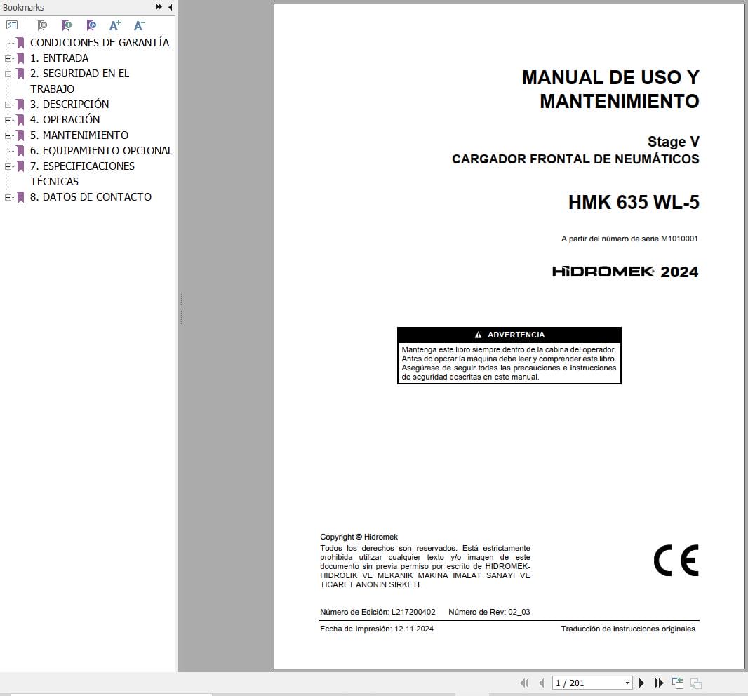 Hidromek Wheel Loader HMK 635 WL 5 Operation Maintenance Manual L217200402 ES (1)