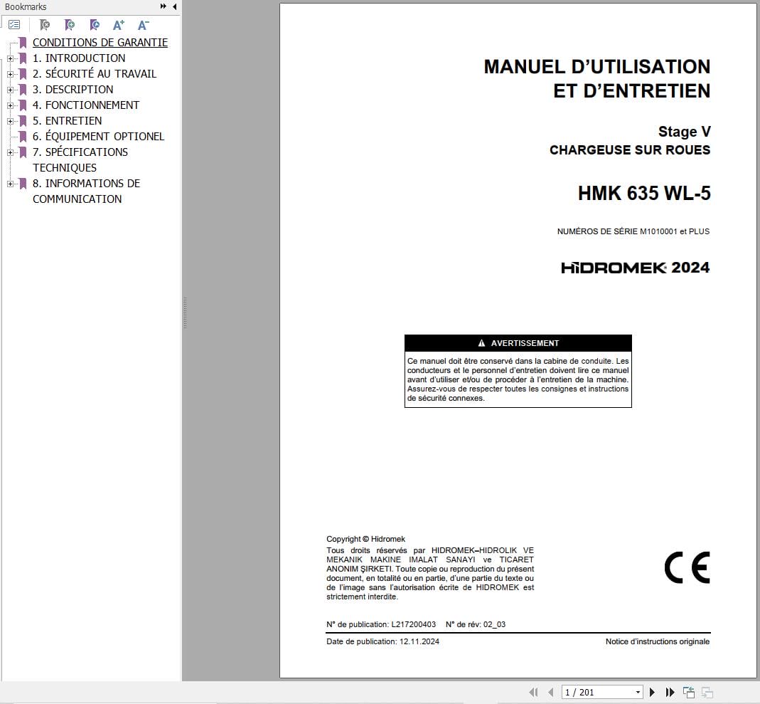 Hidromek Wheel Loader HMK 635 WL 5 Operation Maintenance Manual L217200403 FR (1)
