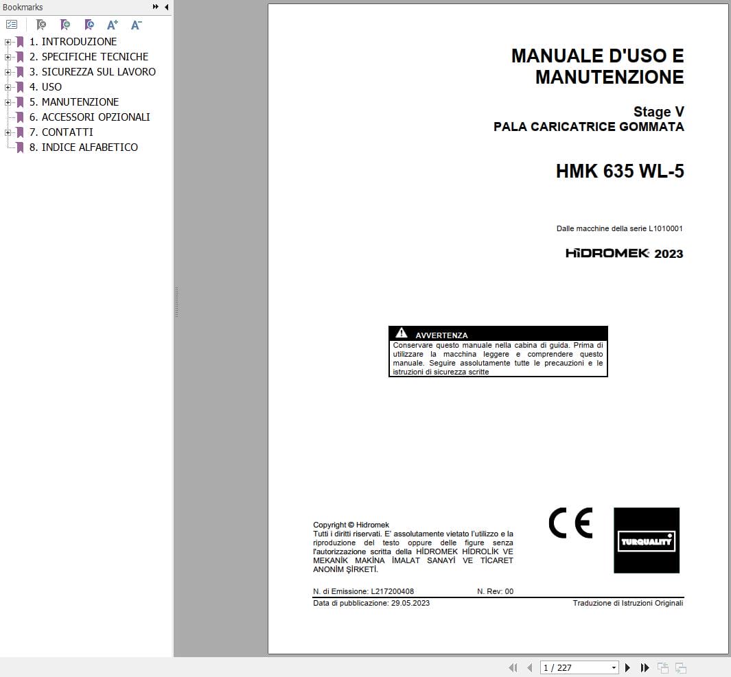 Hidromek Wheel Loader HMK 635 WL 5 Operation Maintenance Manual L217200408 IT (1)