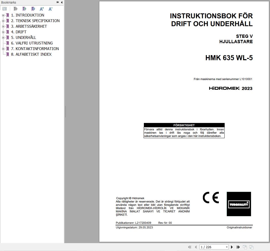 Hidromek Wheel Loader HMK 635 WL 5 Operation Maintenance Manual L217200409 SV (1)