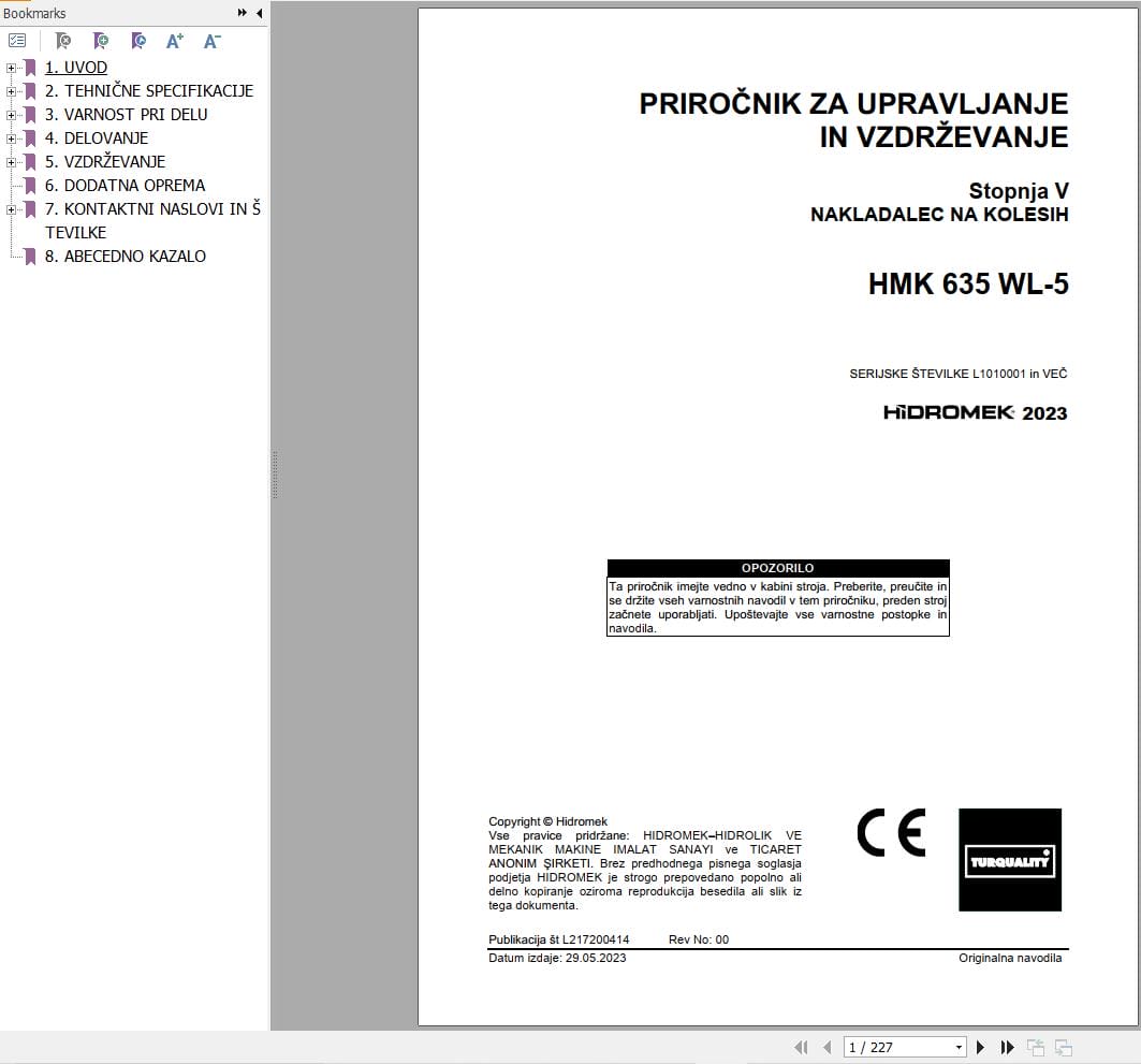 Hidromek Wheel Loader HMK 635 WL 5 Operation Maintenance Manual L217200414 SL (1)