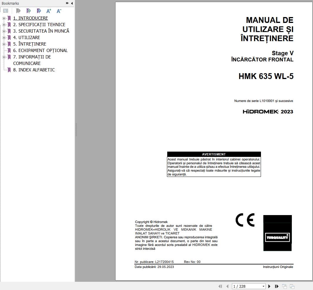 Hidromek Wheel Loader HMK 635 WL 5 Operation Maintenance Manual L217200415 RO (1)