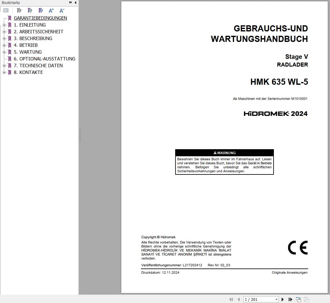 Hidromek Wheel Loader HMK 635 WL 5 Operation Maintenance Manual L217202412 DE (1)