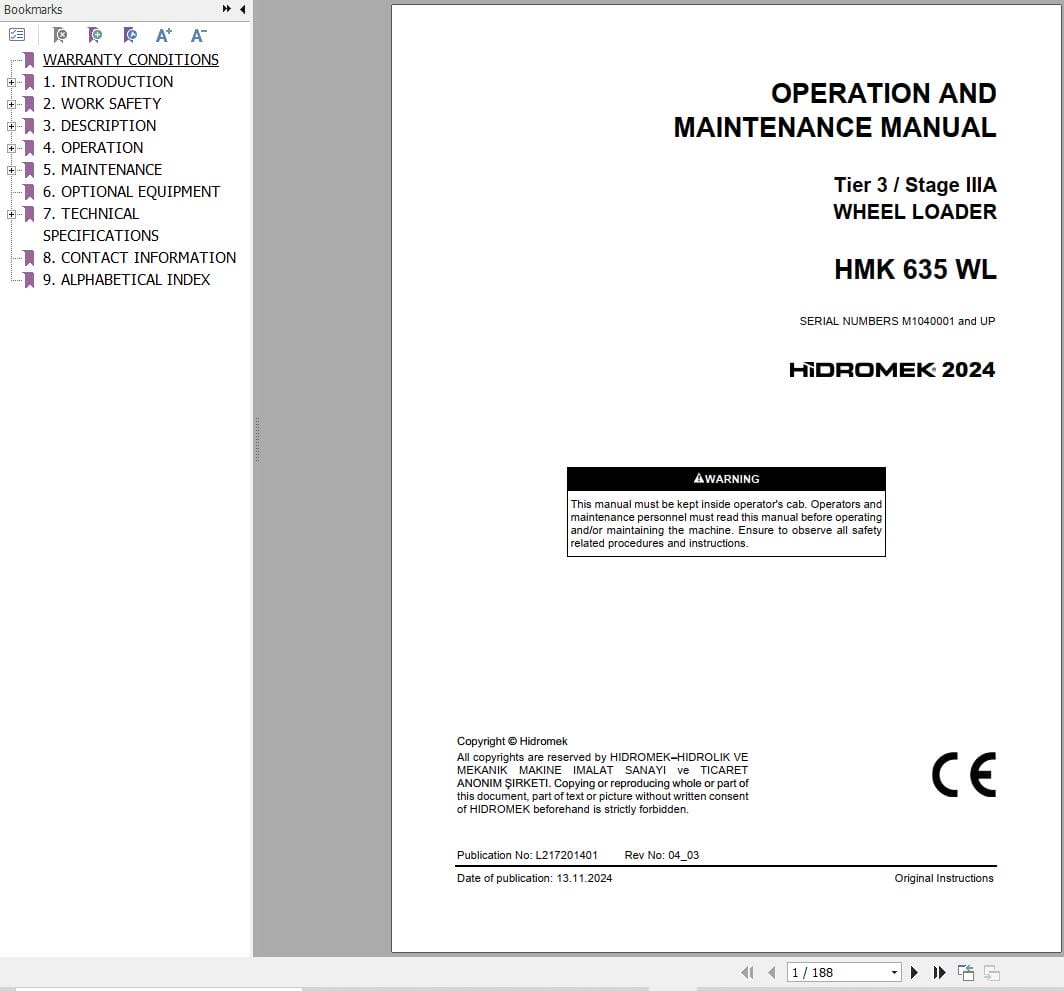 Hidromek Wheel Loader HMK 635 WL Operation Maintenance Manual L217201401 EN (1)