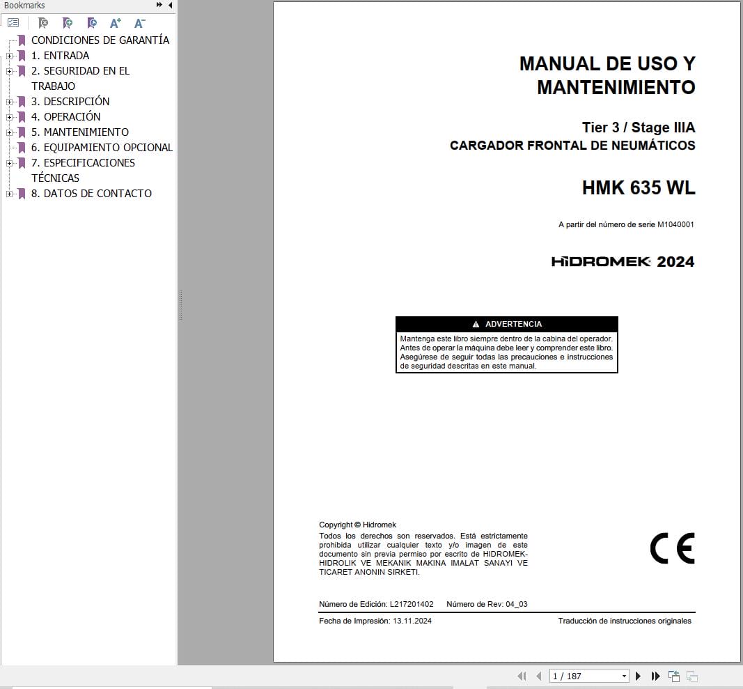 Hidromek Wheel Loader HMK 635 WL Operation Maintenance Manual L217201402 ES (1)