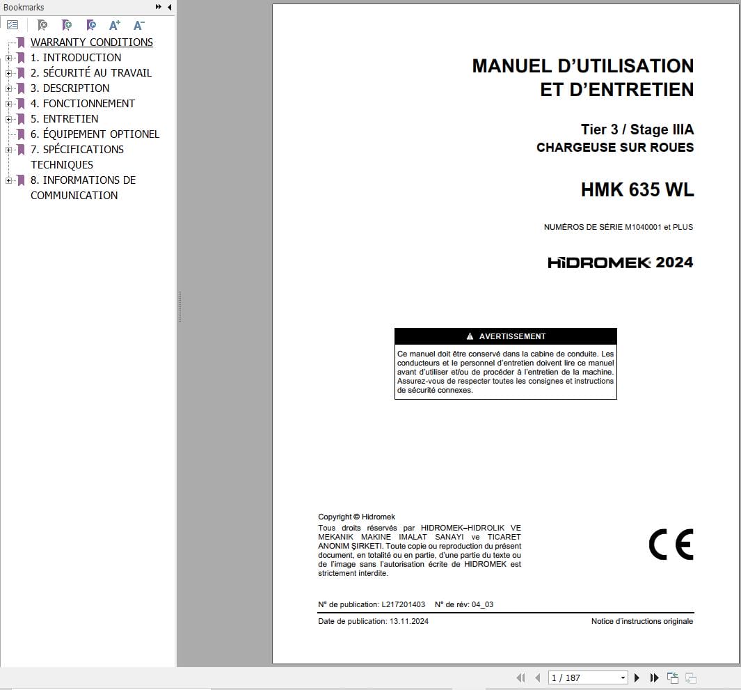 Hidromek Wheel Loader HMK 635 WL Operation Maintenance Manual L217201403 FR (1)