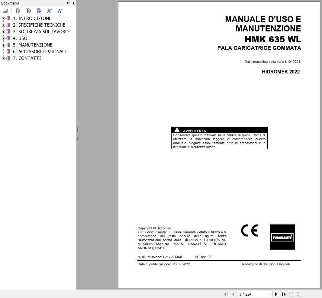 Hidromek Wheel Loader HMK 635 WL Operation Maintenance Manual L217201408 IT (1)