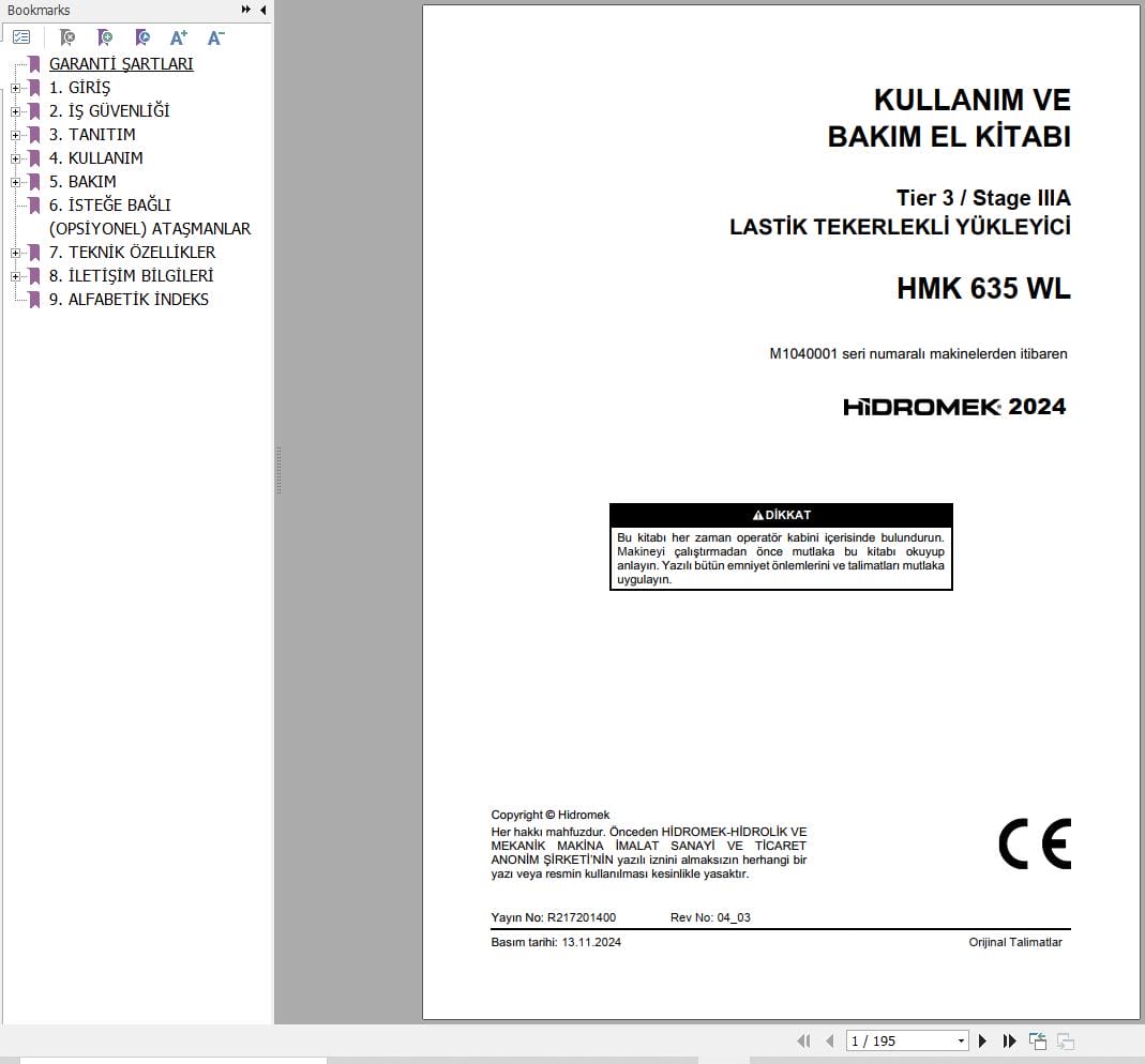 Hidromek Wheel Loader HMK 635 WL Operation Maintenance Manual R217201400 TR (1)