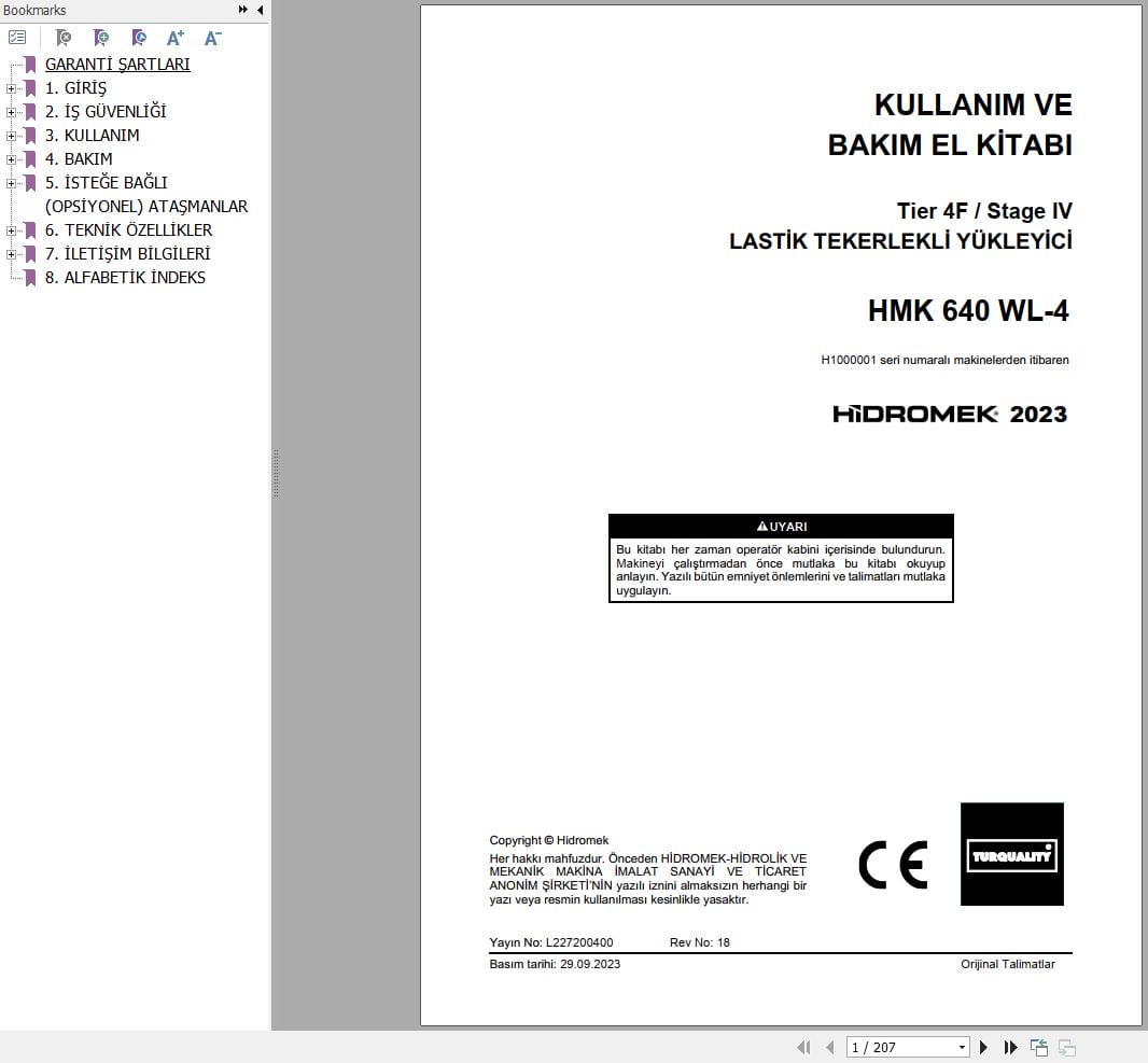 Hidromek Wheel Loader HMK 640 WL 4 Operation Maintenance Manual L227200400 TR (1)