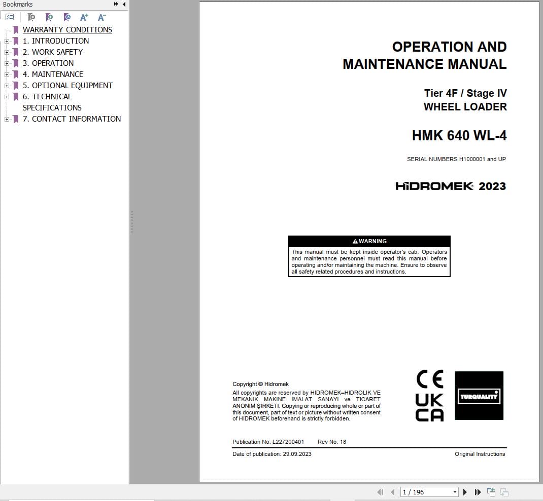 Hidromek Wheel Loader HMK 640 WL 4 Operation Maintenance Manual L227200401 EN (1)