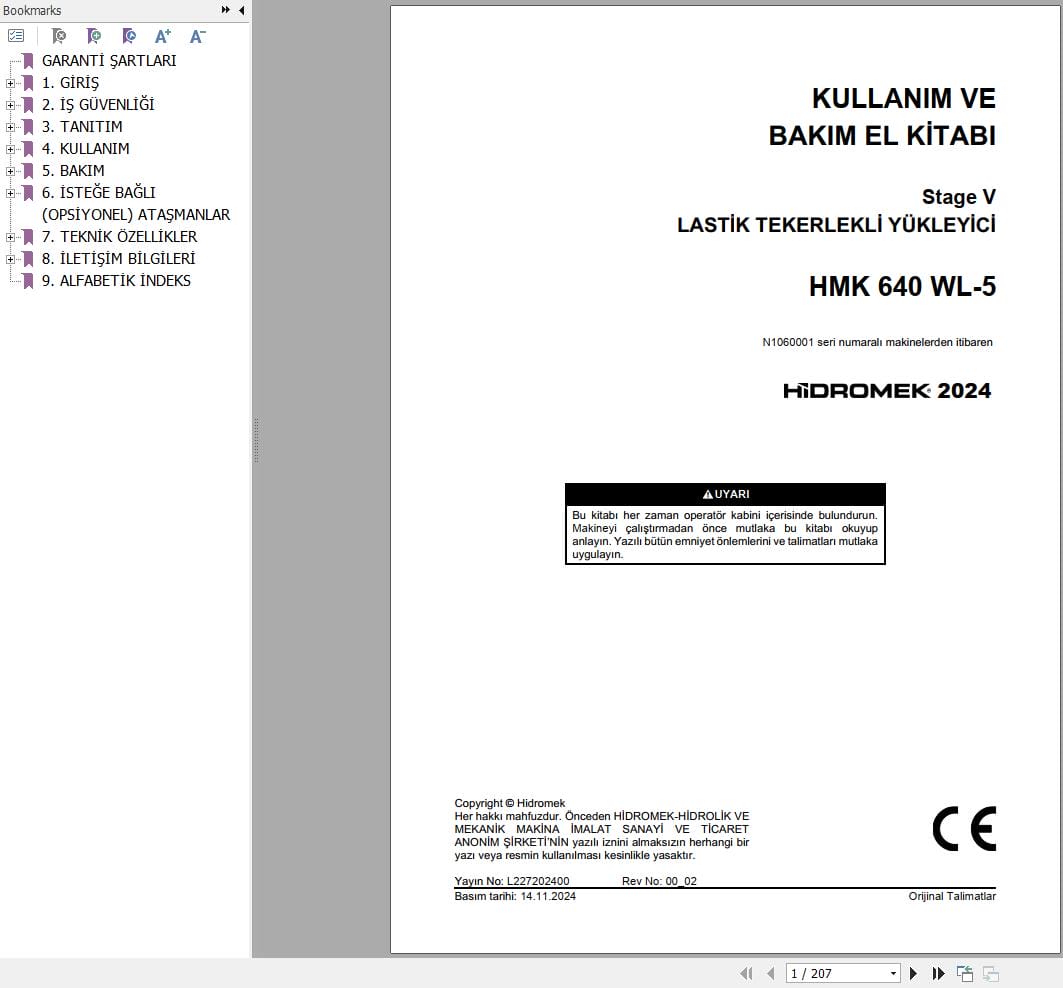 Hidromek Wheel Loader HMK 640 WL 5 Operation Maintenance Manual L227202400 TR (1)