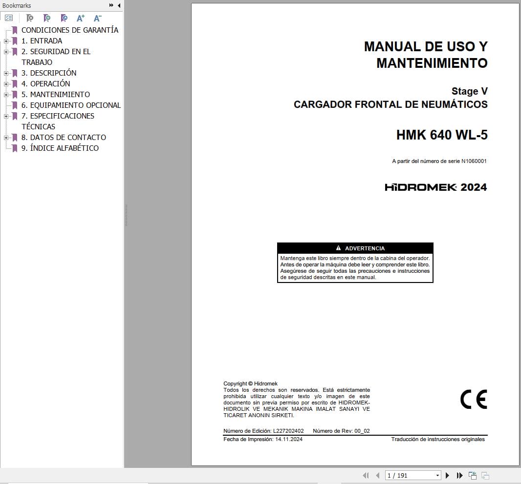 Hidromek Wheel Loader HMK 640 WL 5 Operation Maintenance Manual L227202402 ES (1)