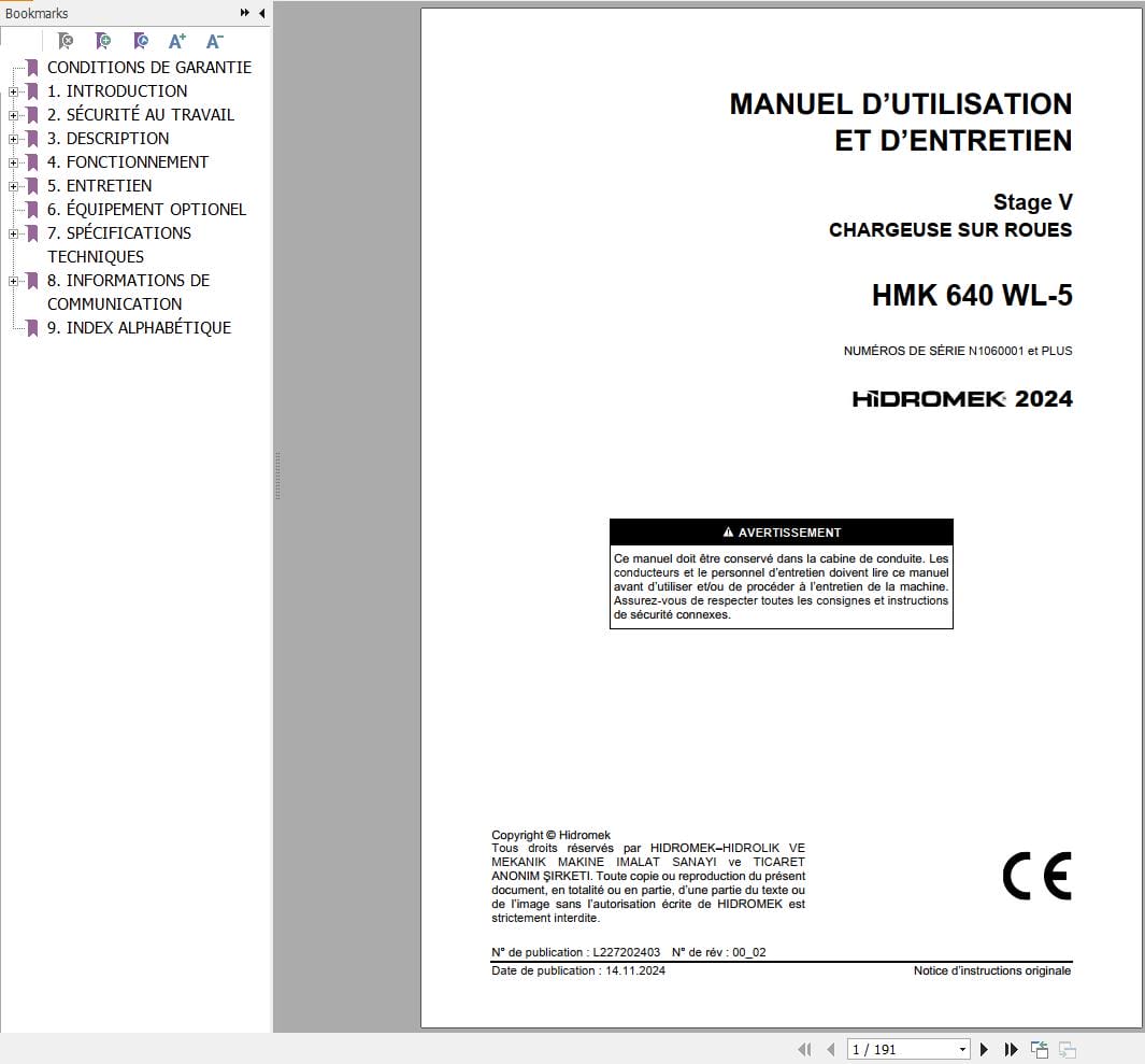 Hidromek Wheel Loader HMK 640 WL 5 Operation Maintenance Manual L227202403 FR (1)