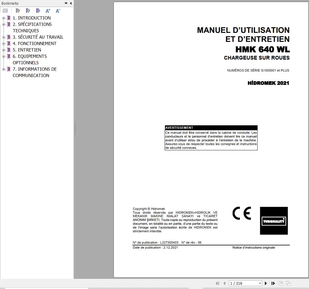 Hidromek Wheel Loader HMK 640 WL Operation Maintenance Manual FR (1)