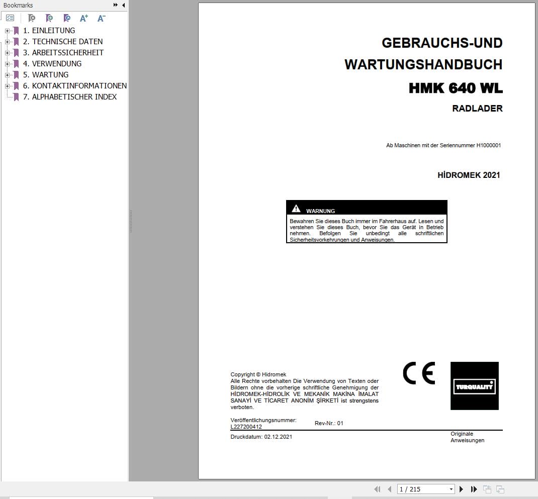 Hidromek Wheel Loader HMK 640 WL Operation Maintenance Manual L227200412 DE (1)