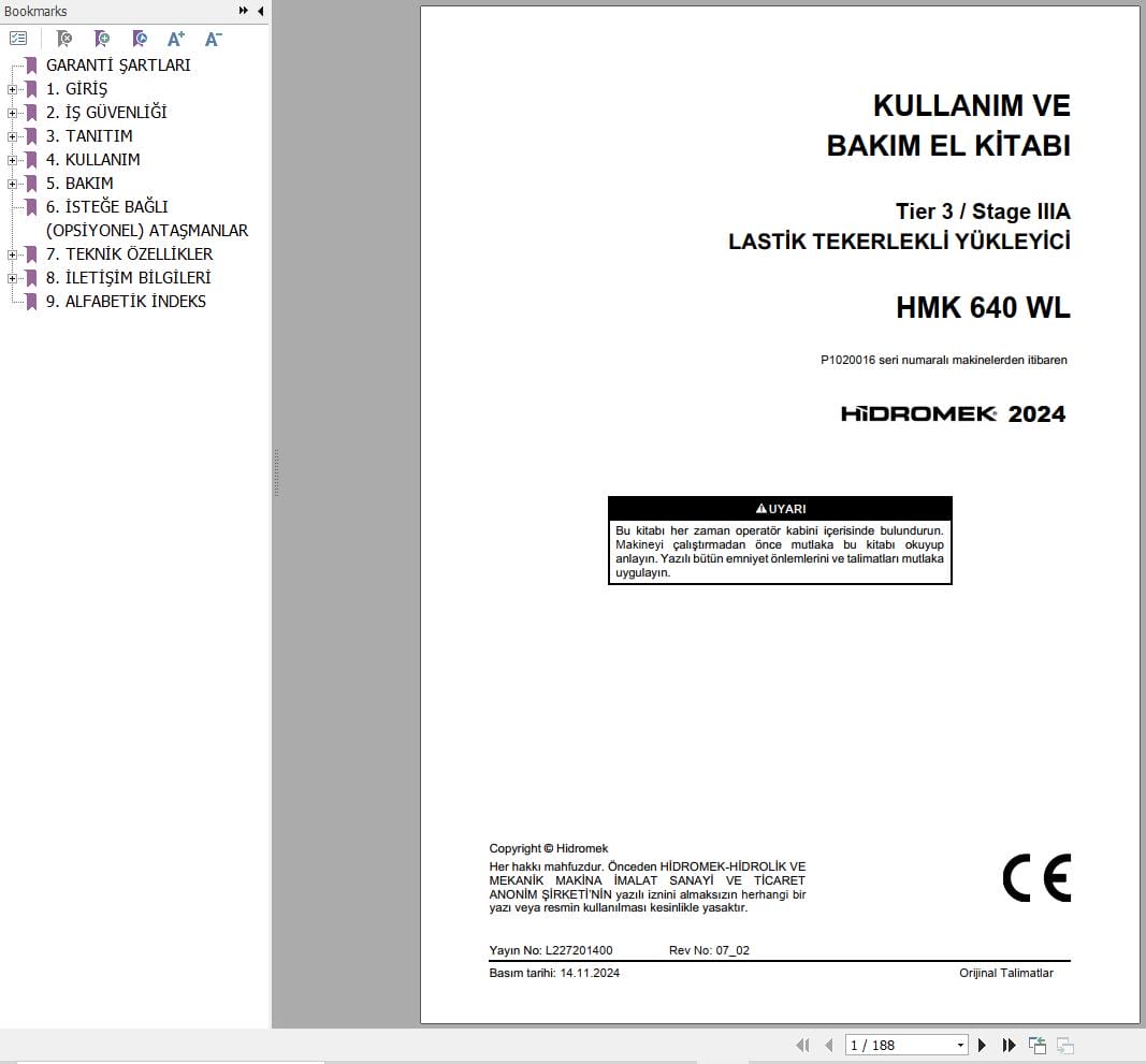 Hidromek Wheel Loader HMK 640 WL Operation Maintenance Manual L227201400 TR (1)