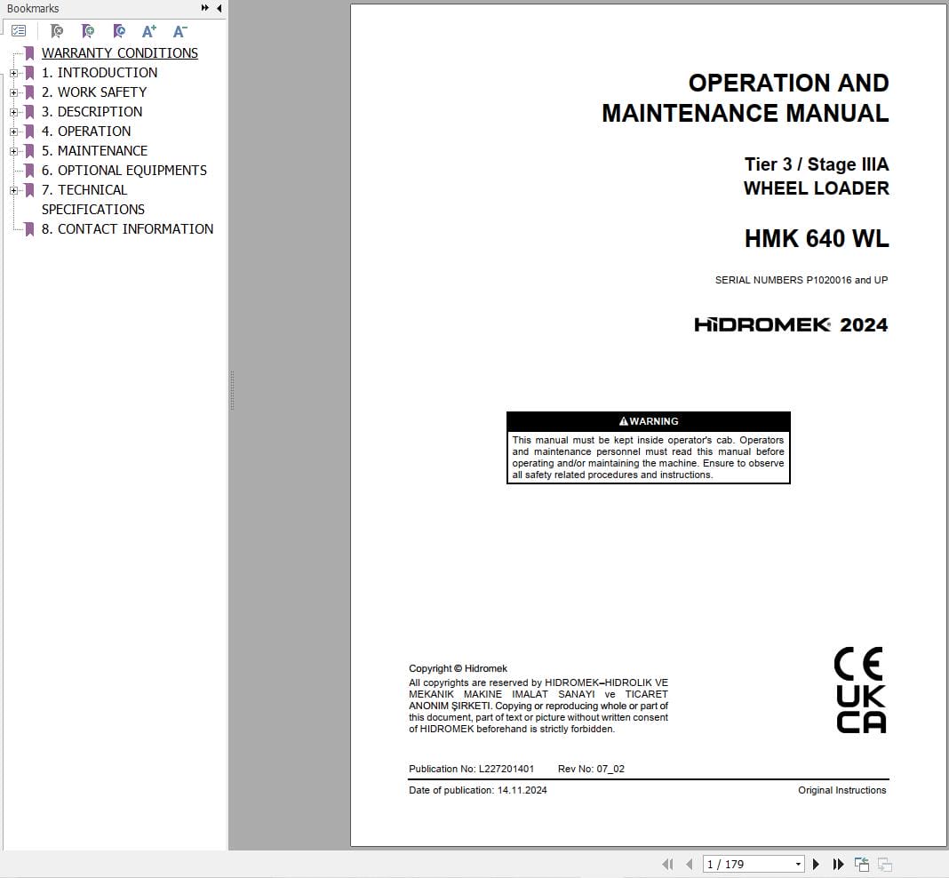 Hidromek Wheel Loader HMK 640 WL Operation Maintenance Manual L227201401 EN (1)