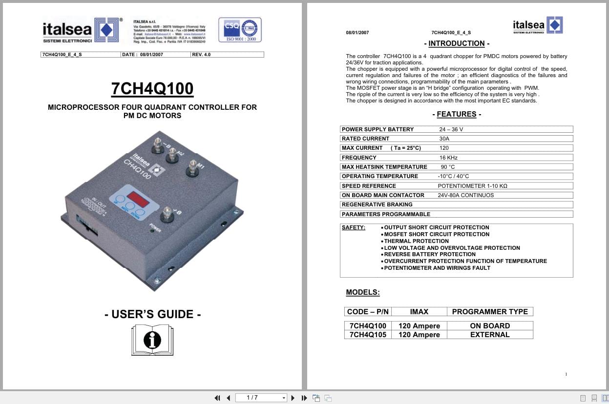 Italsea Microprocessor Four Quadrant Controller For PM DC Motors 7CH4Q100 Users Guide (1)
