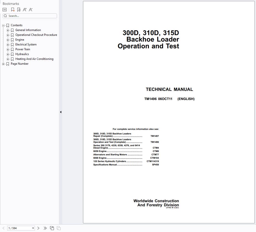 John Deere Backhoe Loader 300D 310D 315D Operation and Test Manual TM1496 2011 (1)