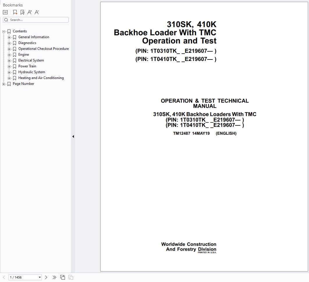 John Deere Backhoe Loader 310SK 410K Operation & Test Technical Manual TM12487 (1)