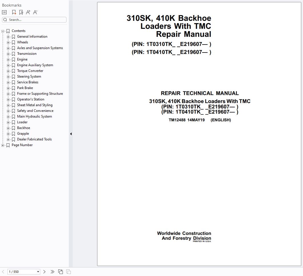 John Deere Backhoe Loader 310SK 410K Repair Technical Manual TM12488 (1)