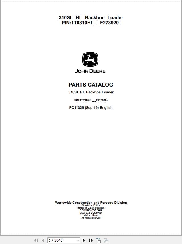 John Deere Backhoe Loader 310SL HL Parts Catalog PC11325 (1)