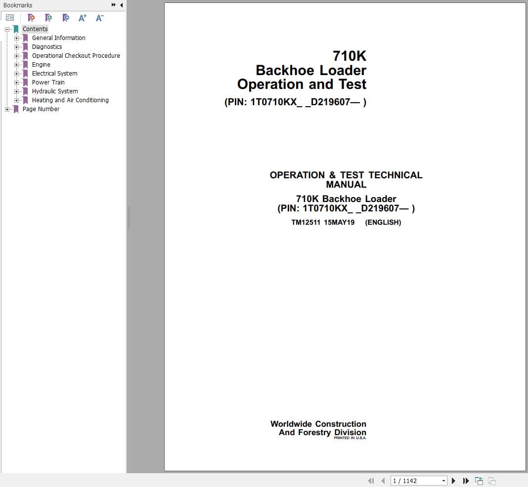 John Deere Backhoe Loader 710K Operation & Test Technical Manual TM12511 (1)