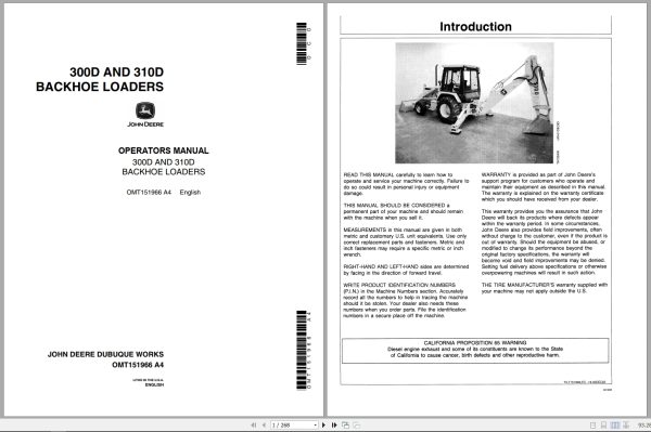 John Deere Backhoe Loaders 300D 310D Operators Manual Omt151966 (1)