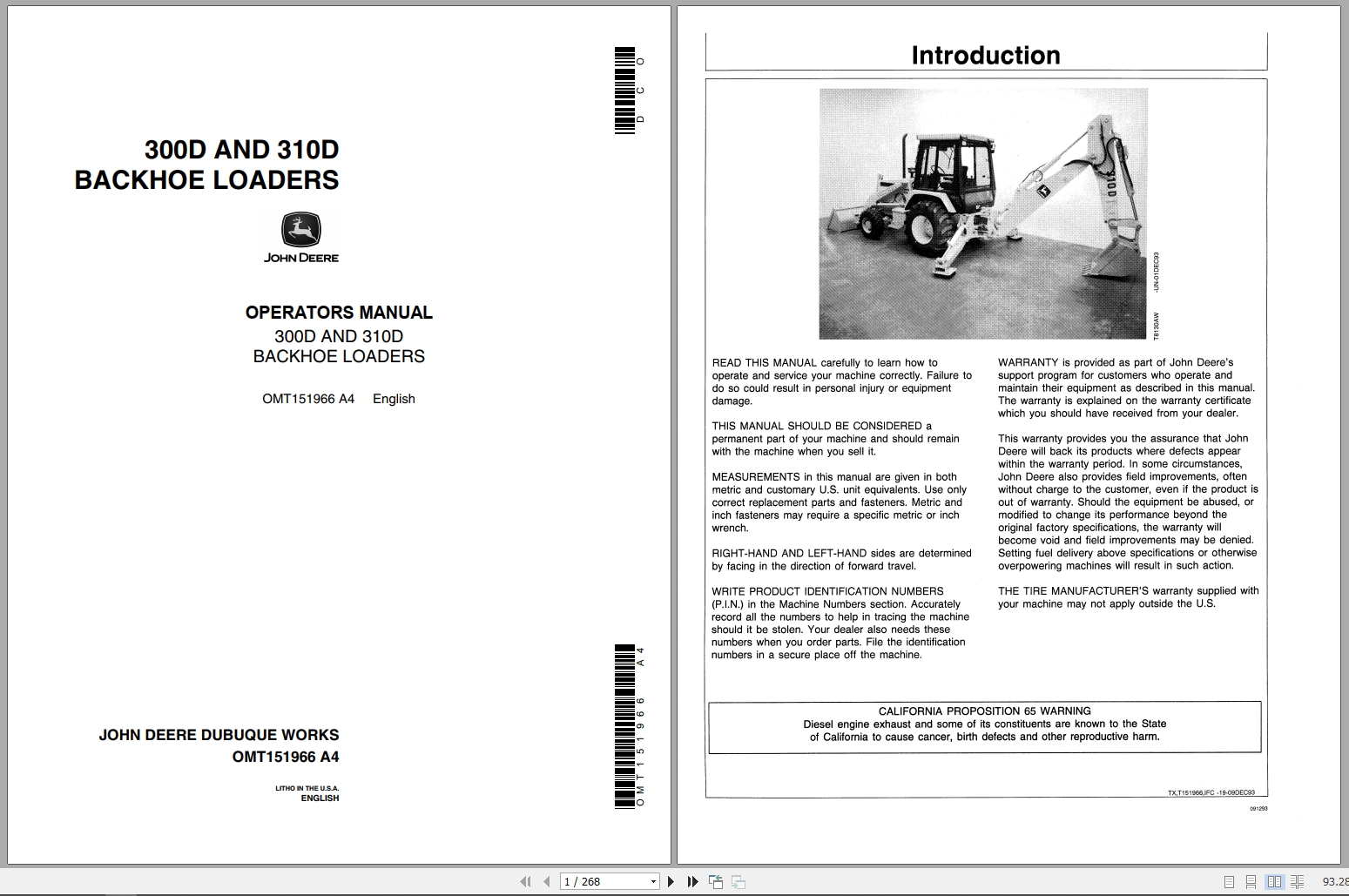 John Deere Backhoe Loaders 300D 310D Operators Manual OMT151966 (1)