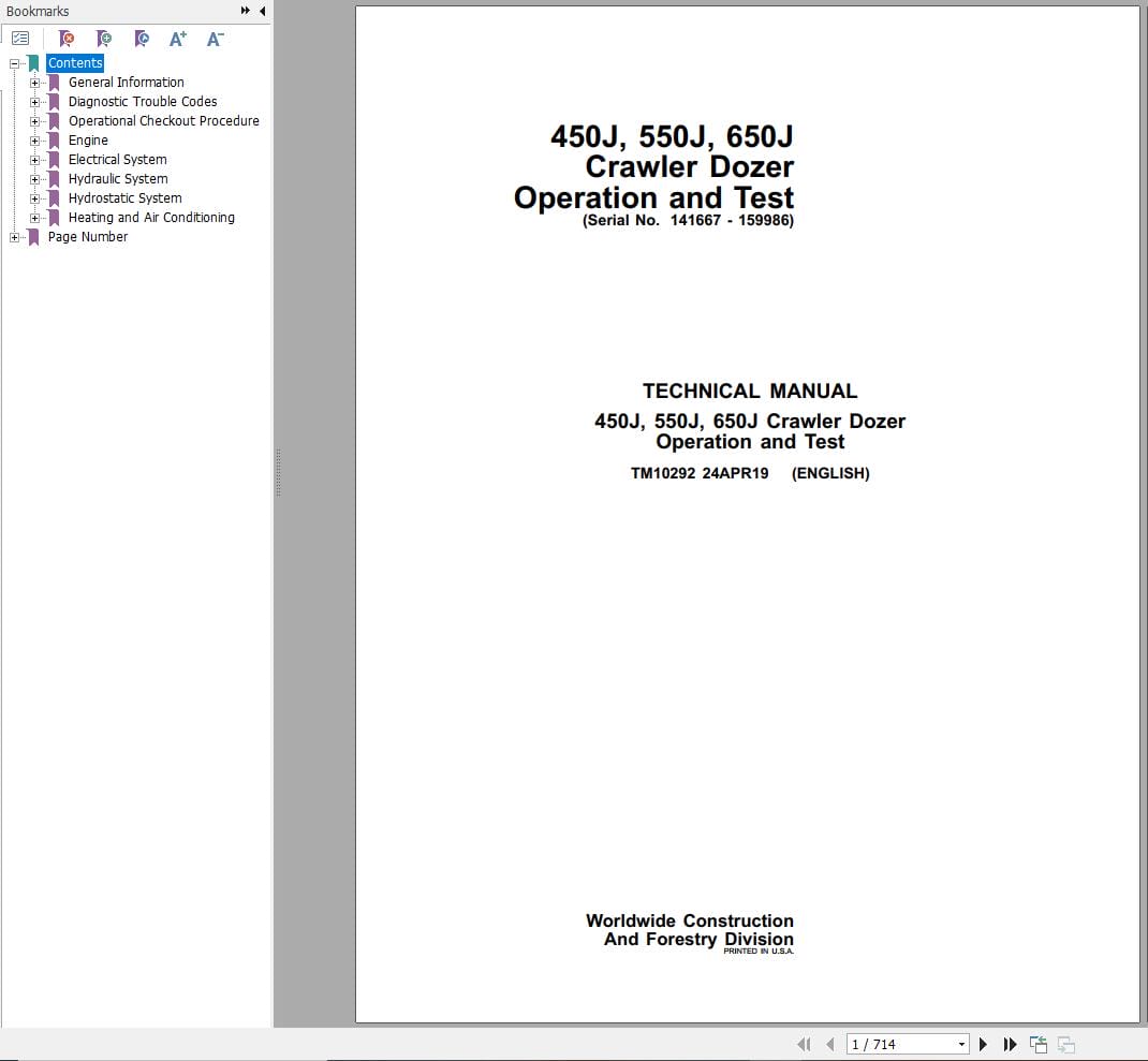 John Deere Crawler Dozer 450J 550J 650J Operation & Test Manual TM10292 2019 (1)
