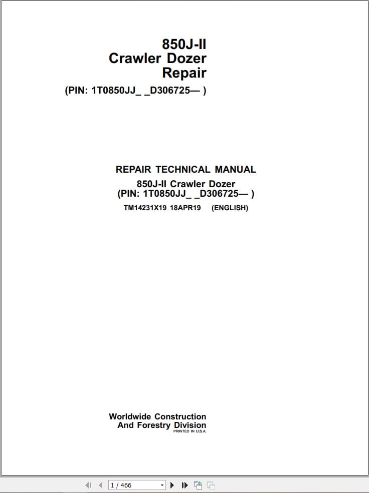 John Deere Crawler Dozer 850J II Repair Technical Manual TM14231X19 (1)