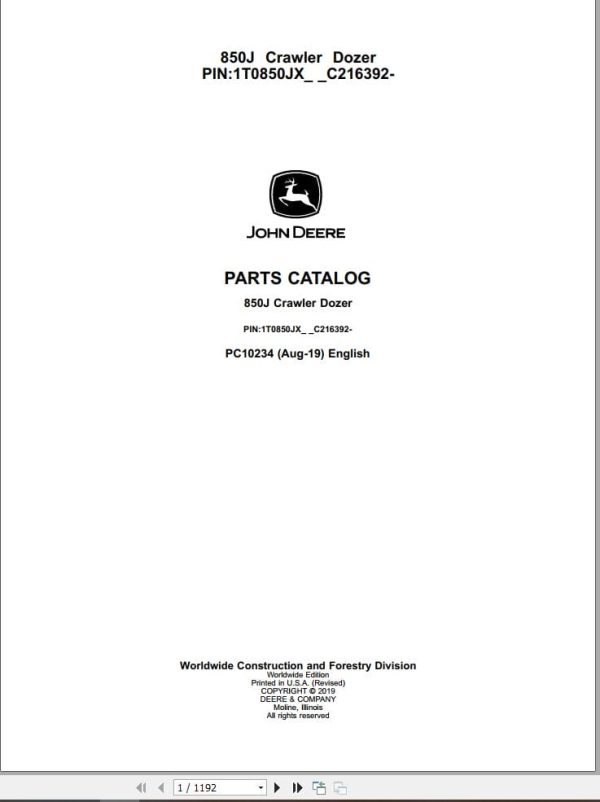 John Deere Crawler Dozer 850J Parts Catalog PC10234 (1)