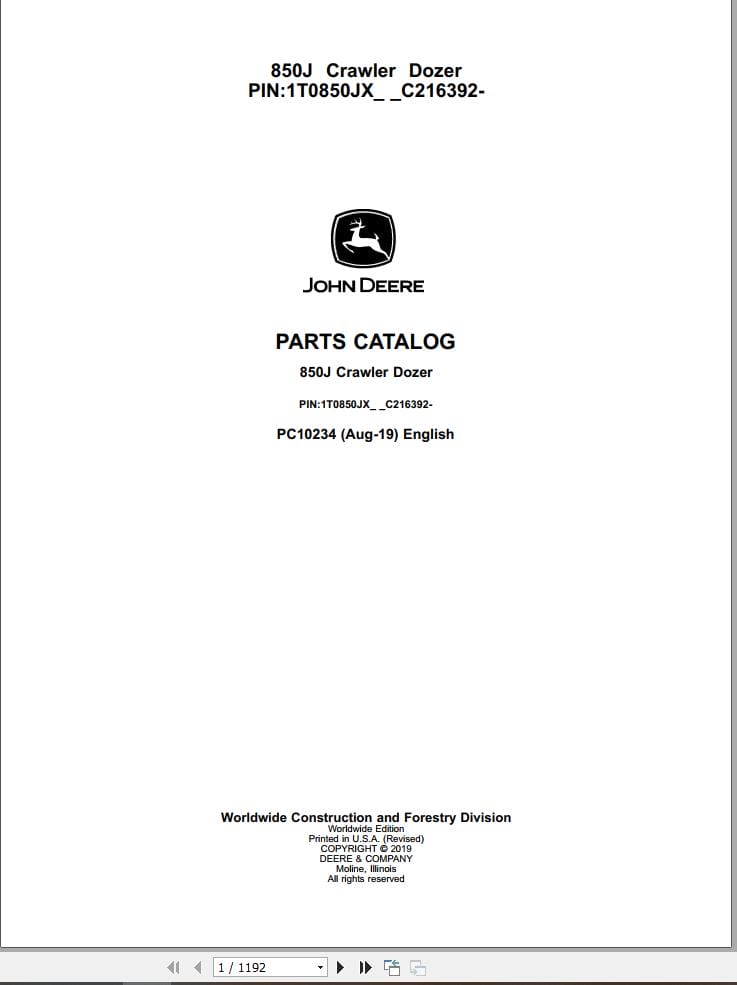 John Deere Crawler Dozer 850J Parts Catalog PC10234 (1)
