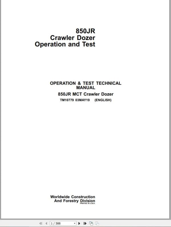 John Deere Crawler Dozer 850JR Operation & Test Technical Manual TM10779 (1)
