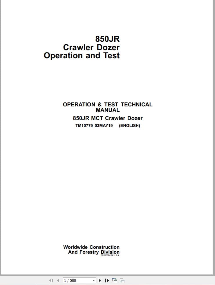 John Deere Crawler Dozer 850JR Operation & Test Technical Manual TM10779 (1)