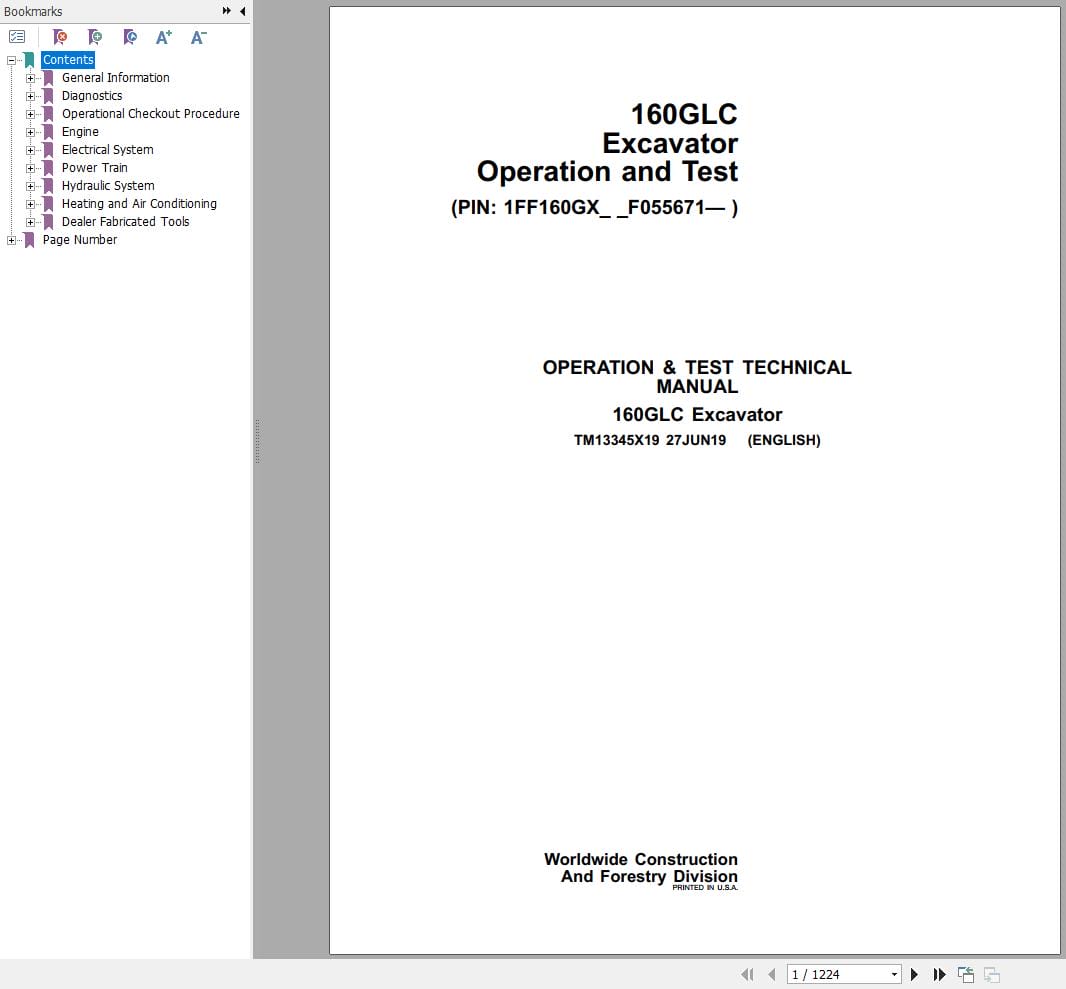 John Deere Excavator 160GLC Operation & Test Technical Manual TM13345X19 2019 (1)