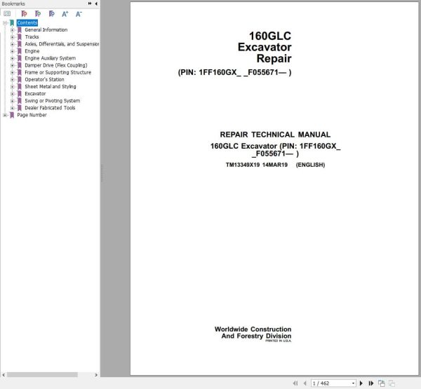John Deere Excavator 160GLC Repair Technical Manual TM13349X19 2019 (1)