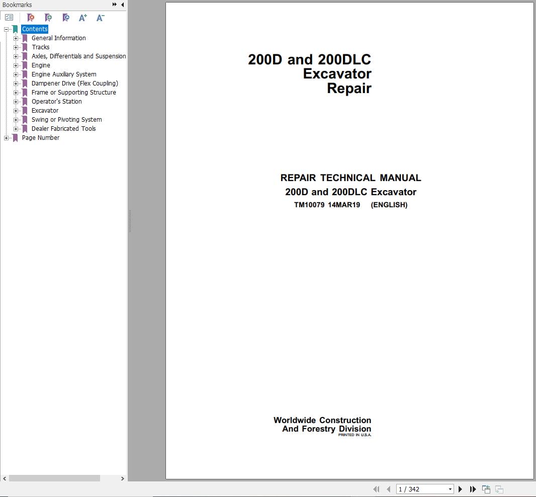 John Deere Excavator 200D 200DLC Repair Technical Manual TM10079 2019 (1)