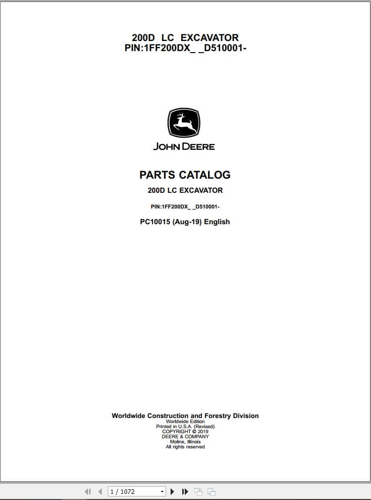 John Deere Excavator 200D LC Parts Catalog PC10015 2019 (1)