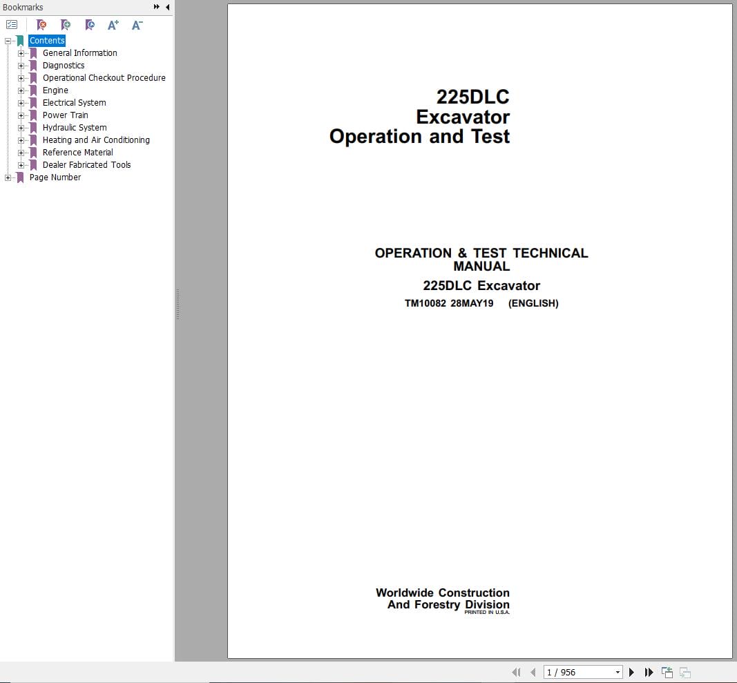 John Deere Excavator 225DLC Operation & Test Technical Manual TM10082 (1)