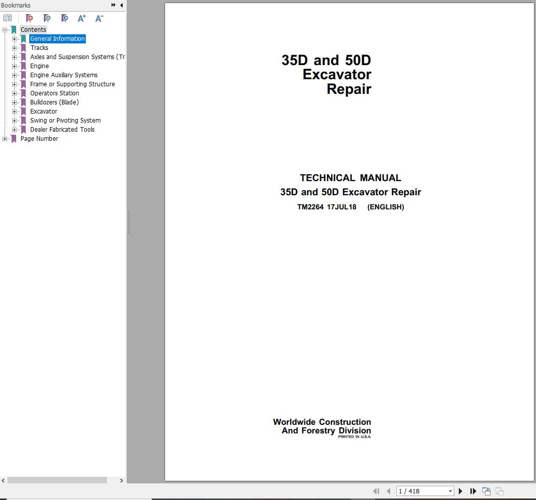 John Deere Excavator 35D 50D Repair Technical Manual TM2264 2018 (1)