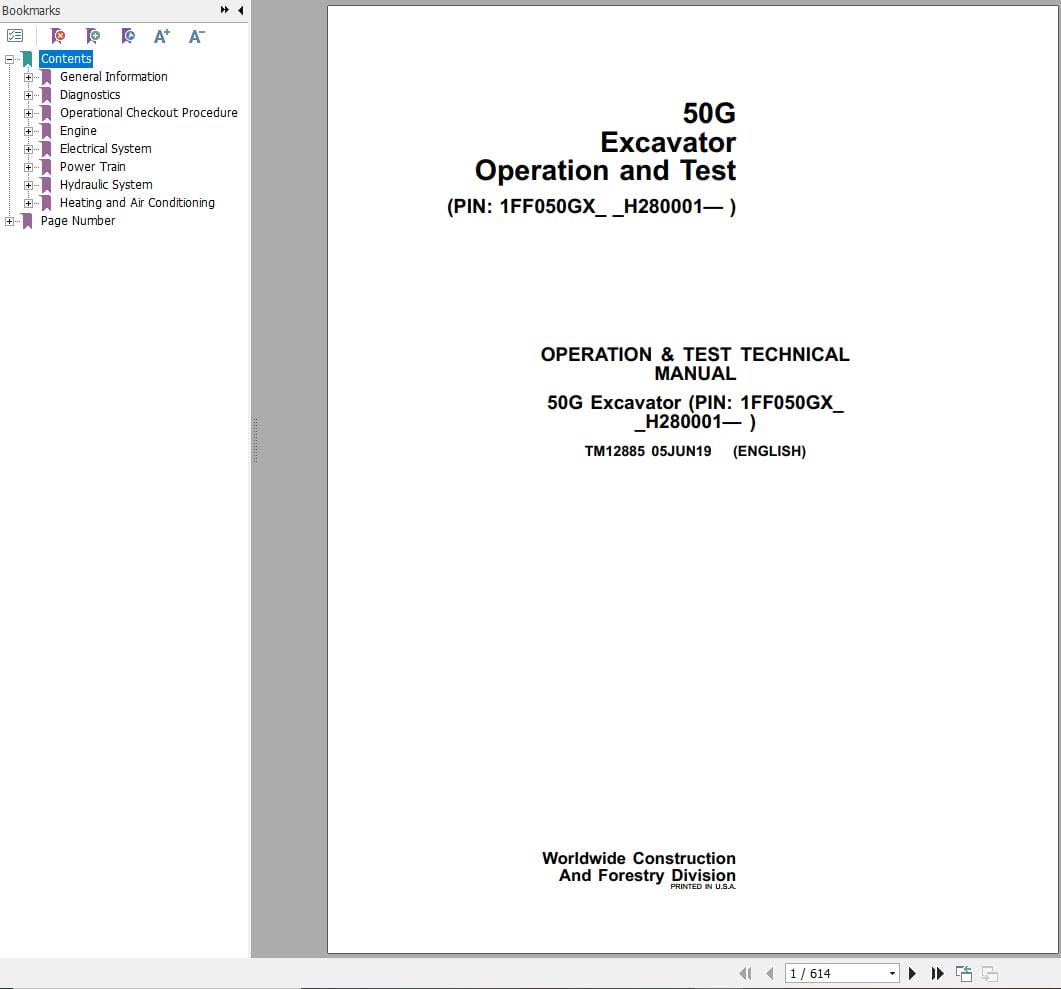 John Deere Excavator 50G Operation & Test Technical Manual TM12885 (1)