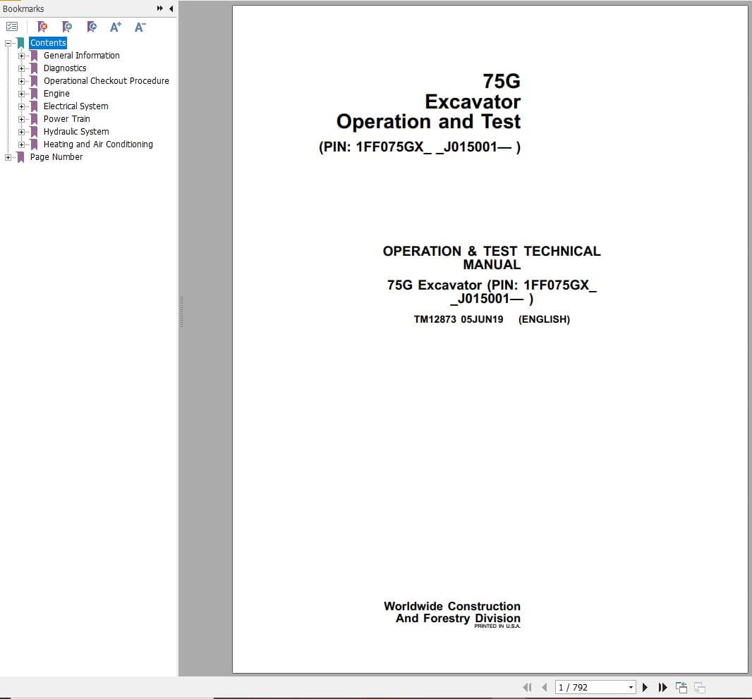 John Deere Excavator 75G Operation & Test Technical Manual TM12873 (1)