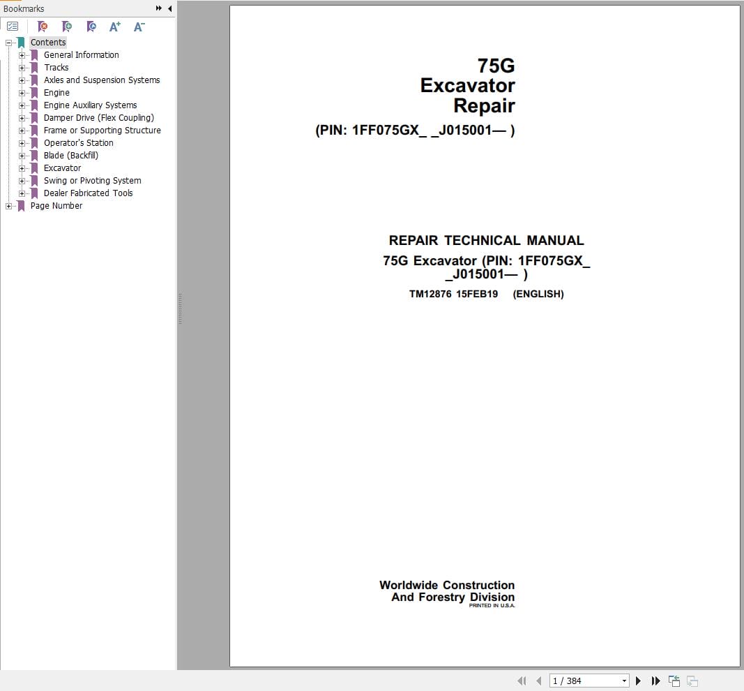 John Deere Excavator 75G Repair Technical Manual TM12876 (1)